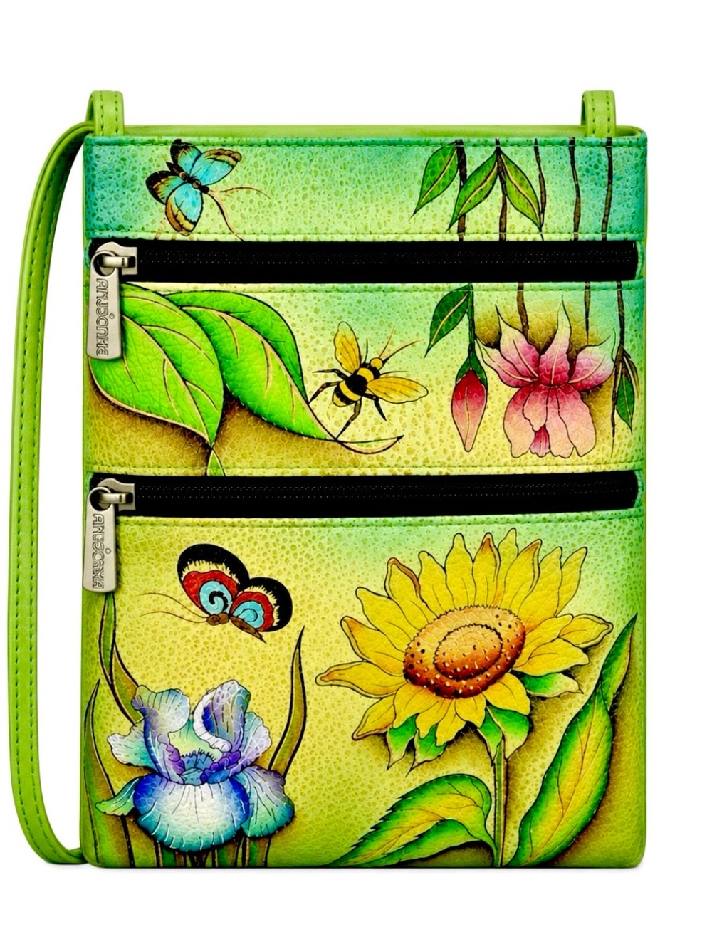 Anuschka Hand Painted Leather Mini Double Zip Floral Dreams Crossbody Purse